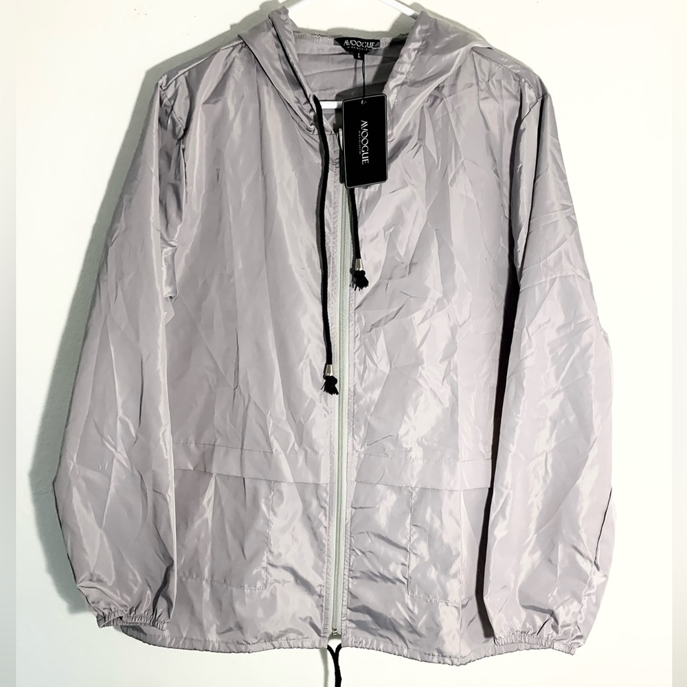 Gray Pullover Rain Jacket Hooded Zip Women's Size Large